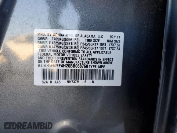 2011 Honda Pilot LX with VIN 5FNYF4H20BB068768, listed as a Copart auction lot 87152394 with 203,679 mi miles and Salvage Title. Bid and sale history available at DreamBid. Image 13.