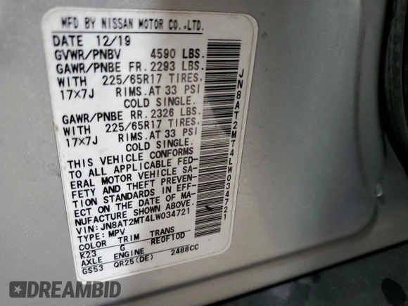 2020 Nissan Rogue SV with VIN JN8AT2MT4LW034721, listed as a Copart auction lot 57186515 with 91,686 mi miles and Salvage title. Bid and sale history available at DreamBid. Image 13.