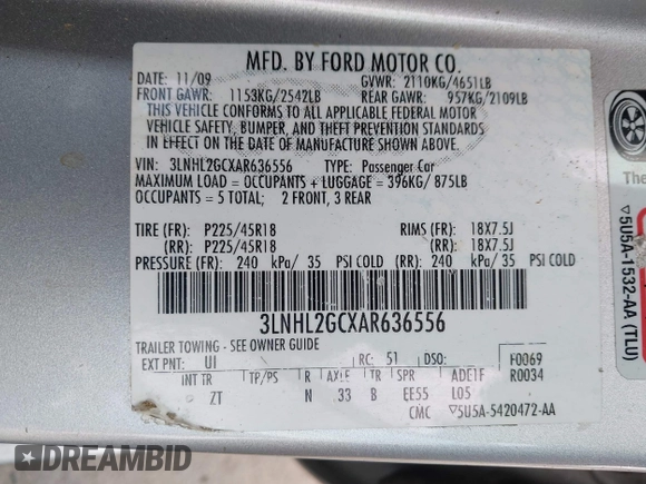 2010 Lincoln MKZ with VIN 3LNHL2GCXAR636556, listed as a IAAI auction lot 42074304 with 114,003 mi miles and . Bid and sale history available at carsss.com. Image 9.
