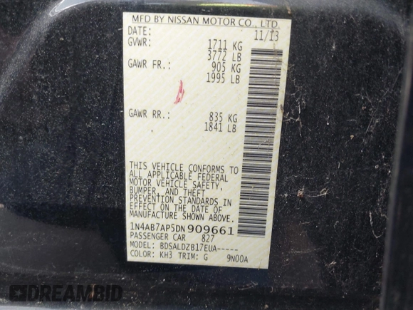 2013 Nissan Sentra SV with VIN 1N4AB7AP5DN909661, listed as a IAAI auction lot 41944990 with 90,767 mi miles and . Bid and sale history available at DreamBid. Image 9.