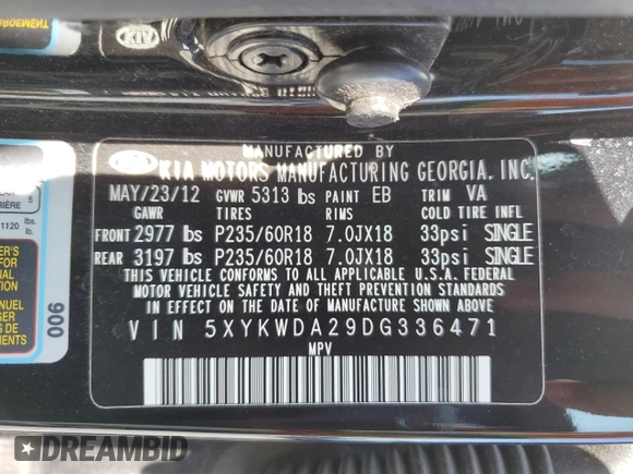 2013 Kia Sorento SX with VIN 5XYKWDA29DG336471, listed as a Copart auction lot 54767745 with 181,226 mi miles and Clean Title. Bid and sale history available at carsss.com. Image 12.