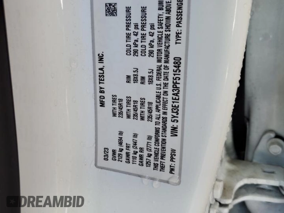 2023 Tesla Model 3 with VIN 5YJ3E1EA3PF515480, listed as a Copart auction lot 47342385 with 15,309 mi miles and Non Repairable. Bid and sale history available at DreamBid. Image 12.