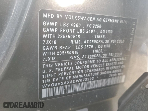 2013 Volkswagen Tiguan S z VIN WVGBV3AX3DW073322, wystawiony jako Copart lot #79616044 z przebiegiem 96 366 mil mil oraz Szkoda całkowita • Salvage title. Historia ofert i sprzedaży dostępna na DreamBid. Obrazek 13.