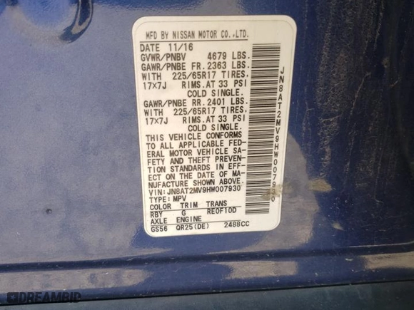 2017 Nissan Rogue SV with VIN JN8AT2MV9HW007930, listed as a Copart auction lot 48568055 with 133,862 mi miles and Salvage Title. Bid and sale history available at carsss.com. Image 14.