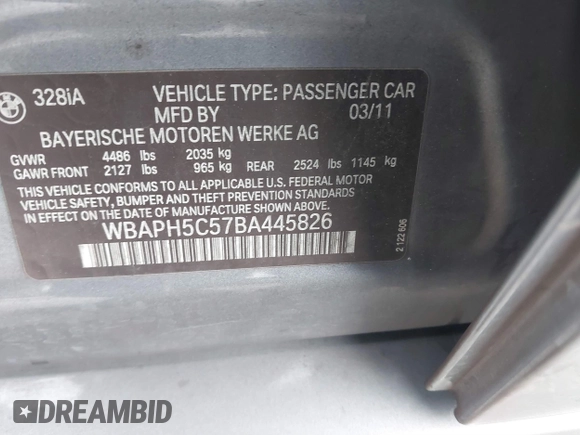 2011 BMW 3 Series 328i with VIN WBAPH5C57BA445826, listed as a IAAI auction lot 41890817 with 175,380 mi miles and . Bid and sale history available at carsss.com. Image 9.