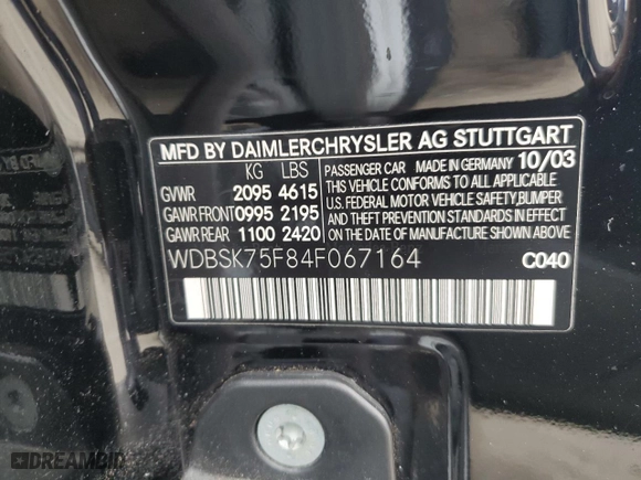 2004 Mercedes-Benz SL-Class with VIN WDBSK75F84F067164, listed as a Copart auction lot 55750114 with 0 mi miles and Salvage Title. Bid and sale history available at carsss.com. Image 12.