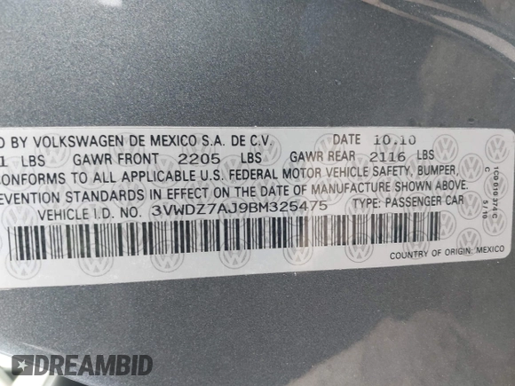 2011 Volkswagen Jetta SE z VIN 3VWDZ7AJ9BM325475, wystawiony jako IAAI lot #42746714 z przebiegiem 241 361 mil mil oraz . Historia ofert i sprzedaży dostępna na DreamBid. Obrazek 9.