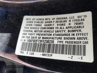 2015 Honda Civic Sedan SE with VIN 19XFB2F73FE238235, listed as a IAAI auction lot 41662447 with 144,077 mi miles. Bid and sale history available at carsss.com. Image 9.