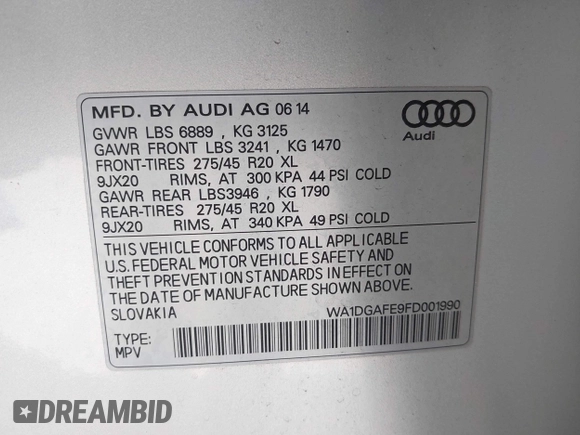 2015 Audi Q7 3.0T S line Prestige with VIN WA1DGAFE9FD001990, listed as a IAAI auction lot 41704132 with 108,118 mi miles. Bid and sale history available at carsss.com. Image 9.