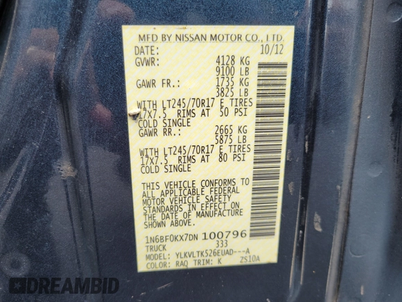 2013 Nissan NV SV with VIN 1N6BF0KX7DN100796, listed as a IAAI auction lot 42730169 with 160,813 mi miles and . Bid and sale history available at DreamBid. Image 9.