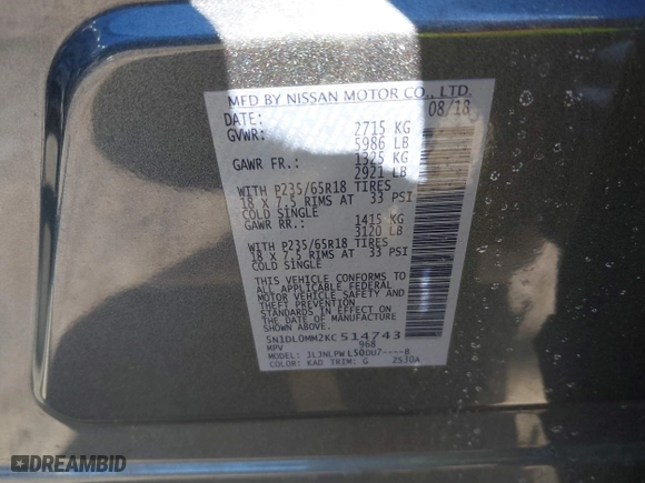 2019 Infiniti QX60 PURE with VIN 5N1DL0MM2KC514743, listed as a IAAI auction lot 41600018 with 65,581 mi miles. Bid and sale history available at carsss.com. Image 9.