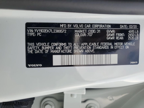 2020 Volvo V60 Momentum with VIN YV1102EK7L2389572, listed as a Copart auction lot 87006934 with 34,798 mi miles and Salvage Title. Bid and sale history available at carsss.com. Image 12.