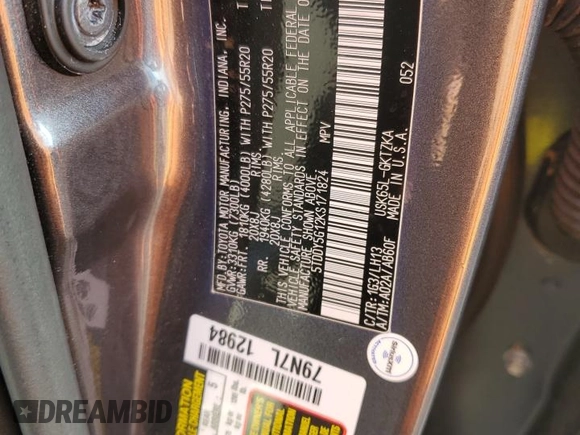 2019 Toyota Sequoia Platinum with VIN 5TDDY5G12KS171824, listed as a Copart auction lot 78034084 with 58,986 mi miles and Salvage Title. Bid and sale history available at carsss.com. Image 14.