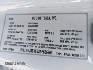 2020 Tesla Model 3 Long Range with VIN 5YJ3E1EBXLF636963, listed as a IAAI auction lot 41826249 with 68,085 mi miles. Bid and sale history available at carsss.com. Image 9.