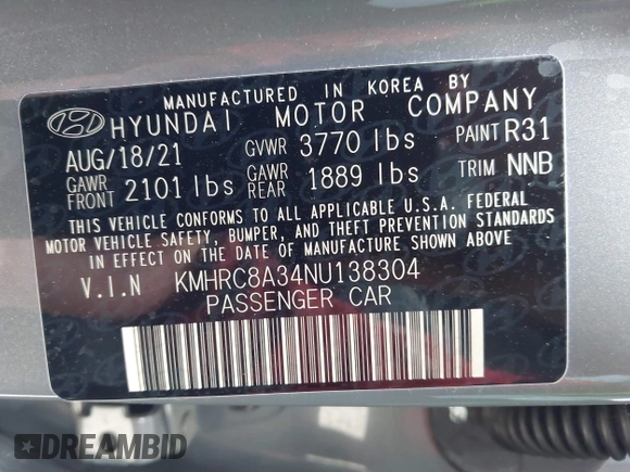 2022 Hyundai Venue SEL with VIN KMHRC8A34NU138304, listed as a IAAI auction lot 42462856 with 17,369 mi miles and . Bid and sale history available at DreamBid. Image 9.