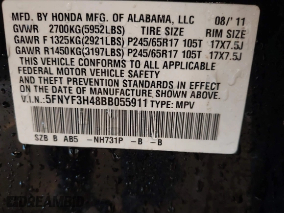 2011 Honda Pilot EX with VIN 5FNYF3H48BB055911, listed as a IAAI auction lot 41364335 with 165,445 mi miles and . Bid and sale history available at carsss.com. Image 9.
