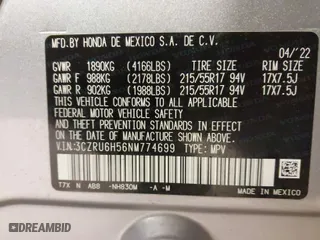 2022 Honda HR-V EX with VIN 3CZRU6H56NM774699, listed as a IAAI auction lot 41551636 with 28,319 mi miles. Bid and sale history available at carsss.com. Image 9.