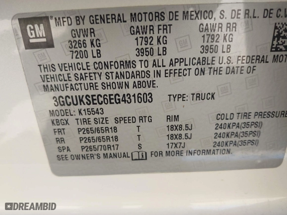 2014 Chevrolet Silverado 1500 LTZ with VIN 3GCUKSEC6EG431603, listed as a IAAI auction lot 41876132 with 99,062 mi miles. Bid and sale history available at carsss.com. Image 9.