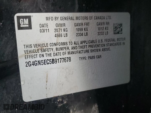2011 Buick Regal CXL RL1 with VIN 2G4GN5EC5B9177678, listed as a Copart auction lot 85420934 with 126,058 mi miles and Salvage Title. Bid and sale history available at DreamBid. Image 12.