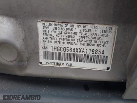 1999 Honda Accord LX с VIN 1HGCG564XXA118854, выставлен на аукционе IAAI как лот 42366600 с пробегом 95 777 миль миль и . История ставок и продаж доступна на DreamBid. Изображение 9.