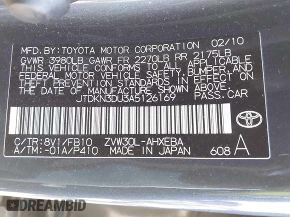 2010 Toyota Prius II with VIN JTDKN3DU3A5126169, listed as a IAAI auction lot 41605289 with 180,624 mi miles. Bid and sale history available at carsss.com. Image 9.