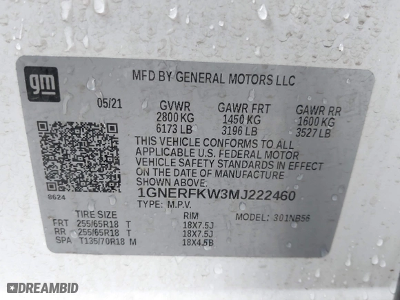 2021 Chevrolet Traverse LS with VIN 1GNERFKW3MJ222460, listed as a IAAI auction lot 41915832 with 69,261 mi miles. Bid and sale history available at carsss.com. Image 9.