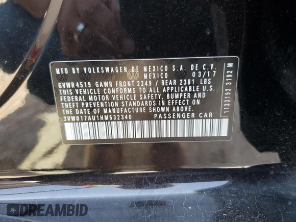 2017 Volkswagen Golf SportWagen S with VIN 3VW017AU1HM532340, listed as a Copart auction lot 58651844 with 73,535 mi miles and Salvage Title. Bid and sale history available at carsss.com. Image 12.