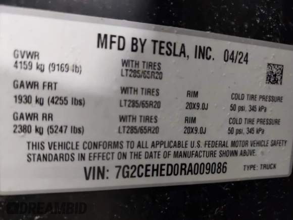 2024 Tesla Cybertruck with VIN 7G2CEHED0RA009086, listed as a IAAI auction lot 41855548 with 15,507 mi miles. Bid and sale history available at carsss.com. Image 9.