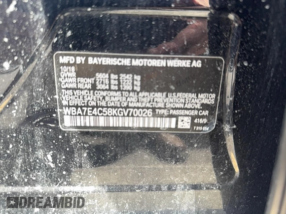 2019 BMW 7 Series 740i xDrive with VIN WBA7E4C58KGV70026, listed as a Copart auction lot 59465615 with Not provided miles and Salvage title. Bid and sale history available at DreamBid. Image 12.