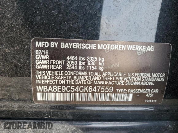 2016 BMW 3 Series 328i with VIN WBA8E9C54GK647559, listed as a Copart auction lot 50257465 with 120,983 mi miles and Salvage Title. Bid and sale history available at DreamBid. Image 12.