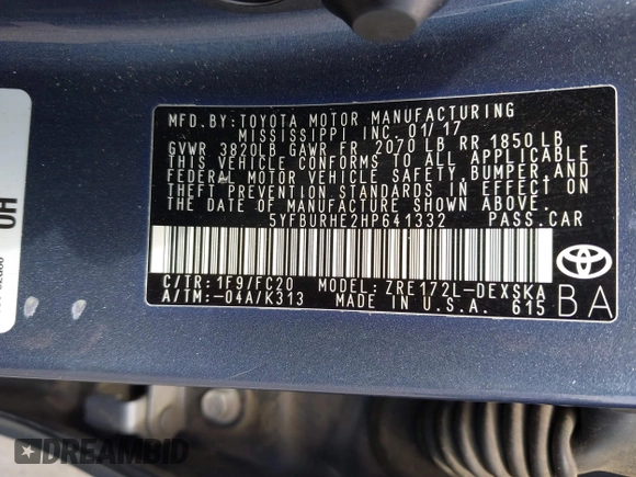 2017 Toyota Corolla L with VIN 5YFBURHE2HP641332, listed as a IAAI auction lot 42485206 with 75,532 mi miles and . Bid and sale history available at DreamBid. Image 9.