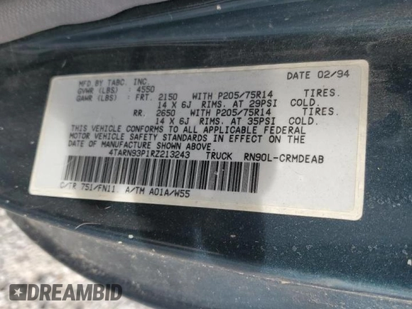 1994 Toyota Pickup z VIN 4TARN93P1RZ213243, wystawiony jako Copart lot #54068005 z przebiegiem 220 450 mil mil oraz Czysty tytuł • Clean title. Historia ofert i sprzedaży dostępna na DreamBid. Obrazek 12.