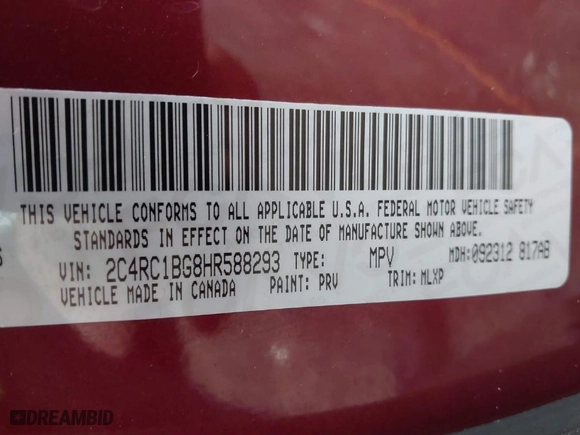 2017 Chrysler Pacifica Touring-L with VIN 2C4RC1BG8HR588293, listed as a IAAI auction lot 41704160 with 99,054 mi miles. Bid and sale history available at carsss.com. Image 9.