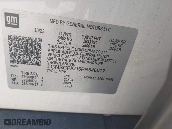 2023 Chevrolet Suburban Premier с VIN 1GNSCFKD5PR546017, выставлен на аукционе IAAI как лот 42584410 с пробегом 43 749 миль миль и . История ставок и продаж доступна на DreamBid. Изображение 9.