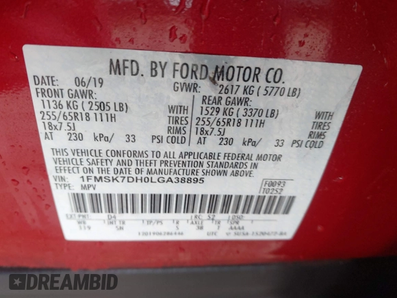 2020 Ford Explorer XLT with VIN 1FMSK7DH0LGA38895, listed as a IAAI auction lot 42159484 with 42,820 mi miles and . Bid and sale history available at DreamBid. Image 9.