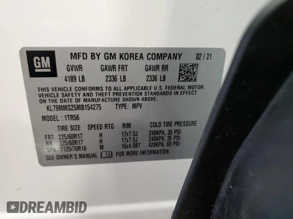 2021 Chevrolet TrailBlazer LS with VIN KL79MMS25MB154275, listed as a Copart auction lot 54921474 with 21,767 mi miles and Salvage Title. Bid and sale history available at DreamBid. Image 13.