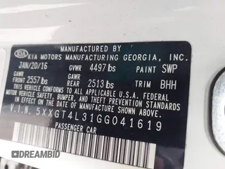 2016 Kia Optima LX with VIN 5XXGT4L31GG041619, listed as a IAAI auction lot 42603879 with 158,755 mi miles and . Bid and sale history available at DreamBid. Image 9.
