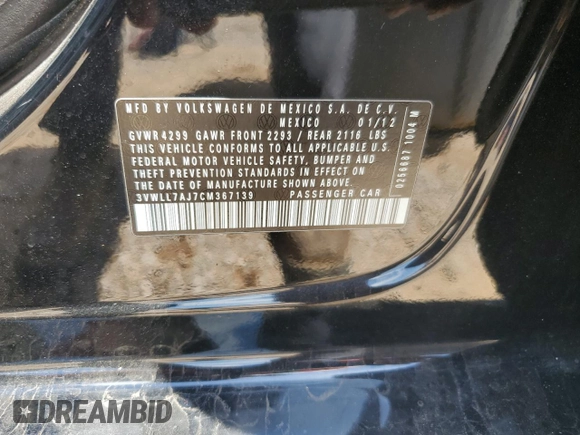 2012 Volkswagen Jetta TDI w/Premium & Nav with VIN 3VWLL7AJ7CM367139, listed as a Copart auction lot 60587835 with 238,919 mi miles and Clean title. Bid and sale history available at DreamBid. Image 12.