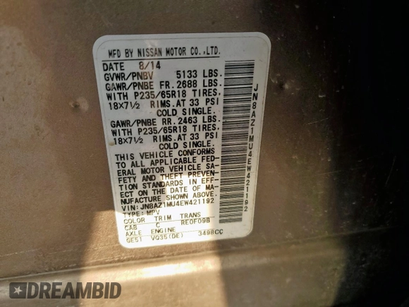2014 Nissan Murano SL with VIN JN8AZ1MU4EW421192, listed as a Copart auction lot 51230985 with 184,278 mi miles and Salvage Title. Bid and sale history available at carsss.com. Image 14.