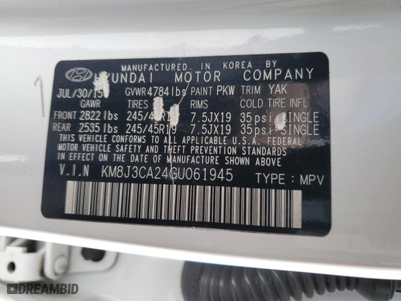 2016 Hyundai Tucson Eco with VIN KM8J3CA24GU061945, listed as a Copart auction lot 49460215 with 116,740 mi miles and Clean Title. Bid and sale history available at carsss.com. Image 13.