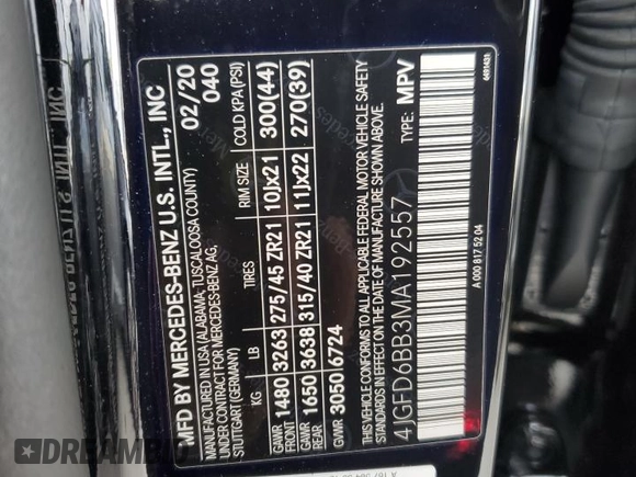 2021 Mercedes-Benz GLE 53 AMG with VIN 4JGFD6BB3MA192557, listed as a Copart auction lot 56923165 with 46,671 mi miles and Salvage title. Bid and sale history available at DreamBid. Image 14.