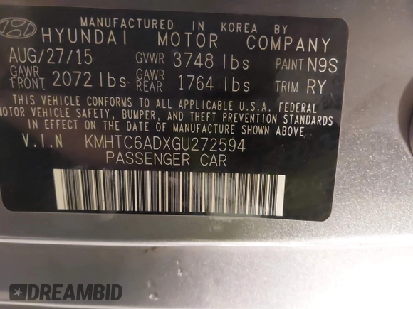 2016 Hyundai Veloster with VIN KMHTC6ADXGU272594, listed as a IAAI auction lot 42437409 with 91,620 mi miles and . Bid and sale history available at DreamBid. Image 9.