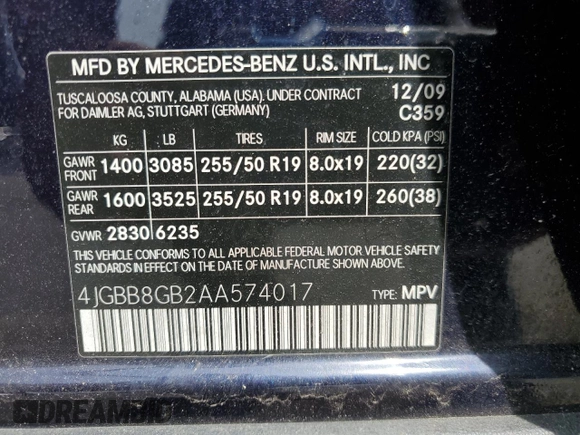 2010 Mercedes-Benz M 350 z VIN 4JGBB8GB2AA574017, wystawiony jako Copart lot #54769735 z przebiegiem 166 903 mil mil oraz Szkody całkowita. Historia ofert i sprzedaży dostępna na DreamBid. Obrazek 14.