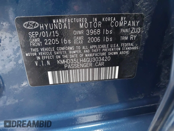 2016 Hyundai Elantra GT with VIN KMHD35LH4GU303420, listed as a IAAI auction lot 41777060 with 109,107 mi miles. Bid and sale history available at carsss.com. Image 9.
