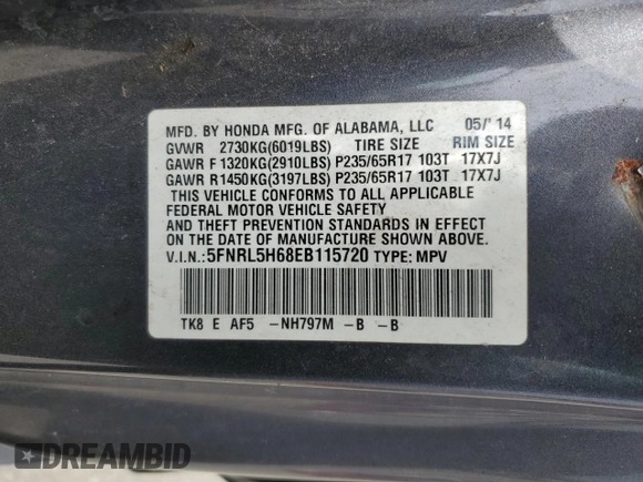 2014 Honda Odyssey EX-L with VIN 5FNRL5H68EB115720, listed as a Copart auction lot 62910725 with 132,254 mi miles and Clean title. Bid and sale history available at DreamBid. Image 13.