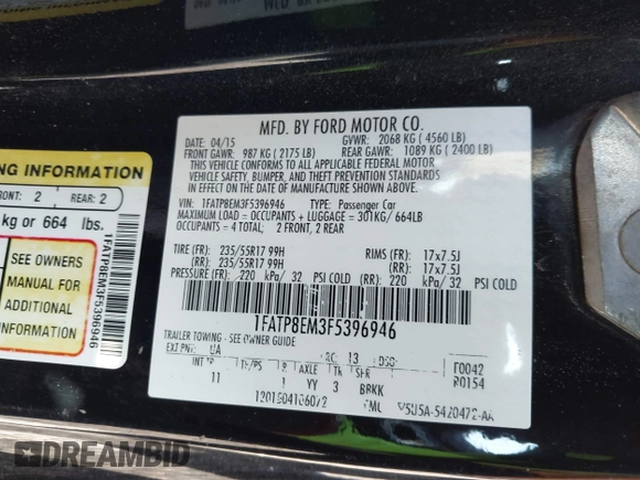 2015 Ford Mustang V6 with VIN 1FATP8EM3F5396946, listed as a IAAI auction lot 41924517 with 109,281 mi miles and . Bid and sale history available at DreamBid. Image 9.
