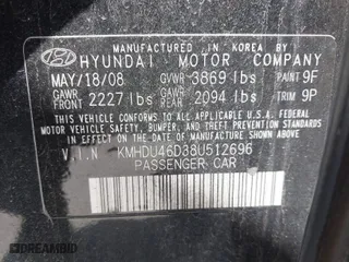 2008 Hyundai Elantra GLS with VIN KMHDU46D38U512696, listed as a IAAI auction lot 41951088 with 130,325 mi miles. Bid and sale history available at carsss.com. Image 9.