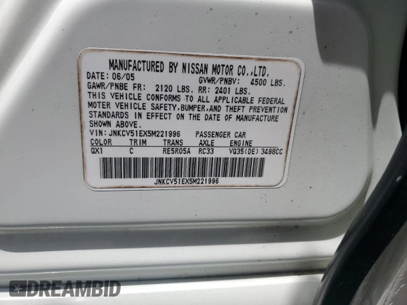2005 Infiniti G35 z VIN JNKCV51EX5M221996, wystawiony jako Copart lot #56928235 z przebiegiem 167 377 mil mil oraz Szkoda całkowita • Salvage title. Historia ofert i sprzedaży dostępna na DreamBid. Obrazek 12.