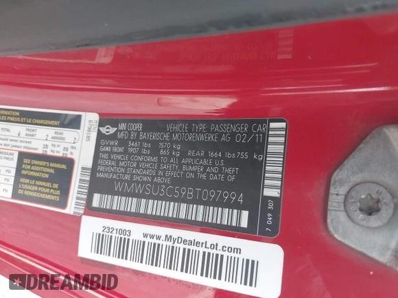 2011 MINI Hardtop with VIN WMWSU3C59BT097994, listed as a IAAI auction lot 42361216 with 138,074 mi miles and . Bid and sale history available at DreamBid. Image 9.