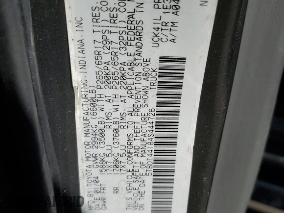 2004 Toyota Tundra SR5 with VIN 5TBDT44184S444726, listed as a Copart auction lot 53477595 with 240,162 mi miles and Salvage Title. Bid and sale history available at DreamBid. Image 12.